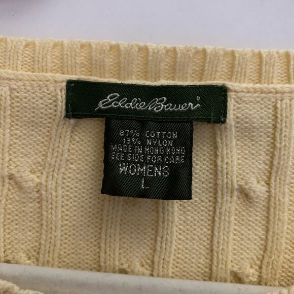 EDDIE BAUER Sweater Large‎ Yellow Vintage Crew Neck Cable Knit Cotton Preppy - Picture 8 of 10